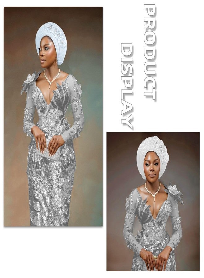 JRZXTWL Beaded African Turban Caps: Classic Gele Headties for Weddings and Special Occasions (US, Numeric, 5 1/8, 6 1/4, Silver) - Image 2